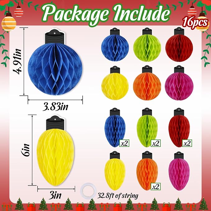 16 Pcs Christmas Honeycomb Hanging Decorations, Paper Ball Ornaments