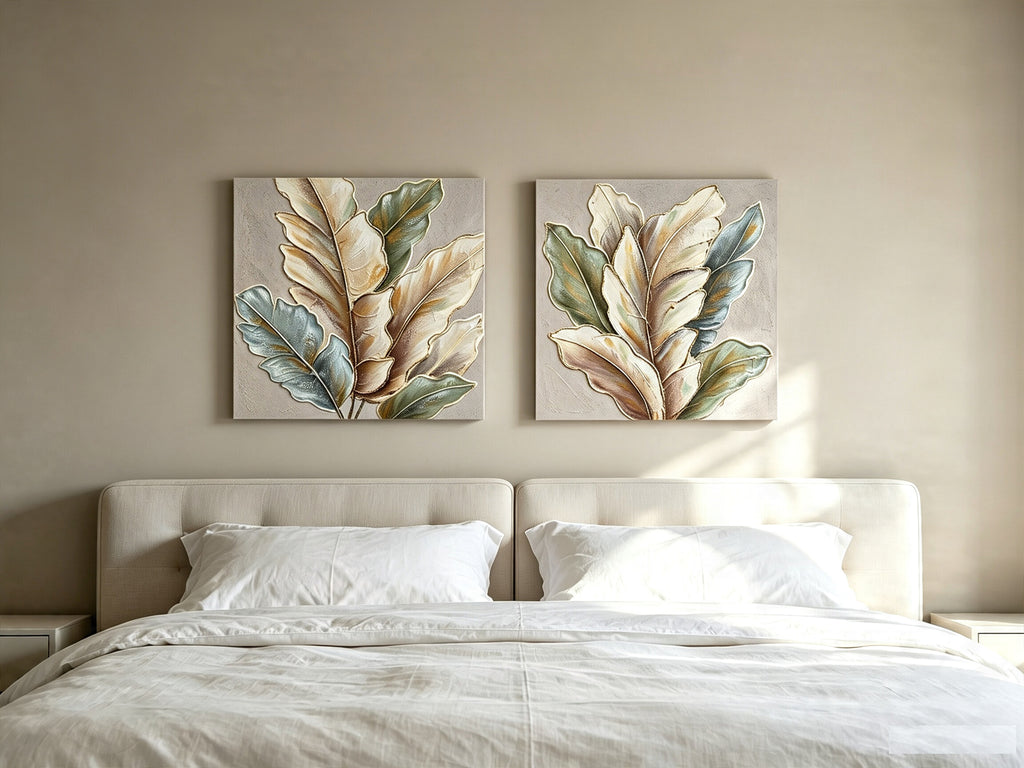 24x24 Set Of 2 Botanical Leaf Wall Art, Neutral Antique White & Green