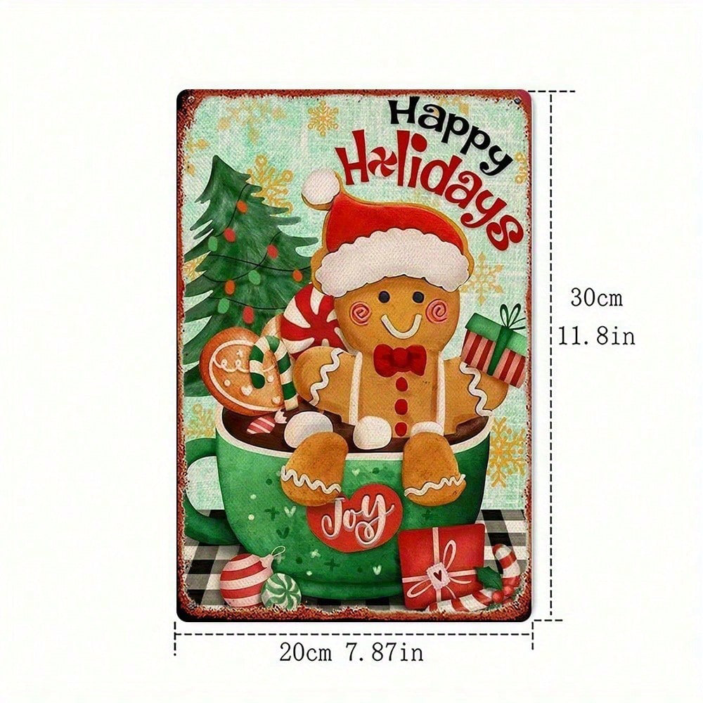Christmas Gingerbread Man Metal Sign 8x12, Retro Square Tin Wall Decor