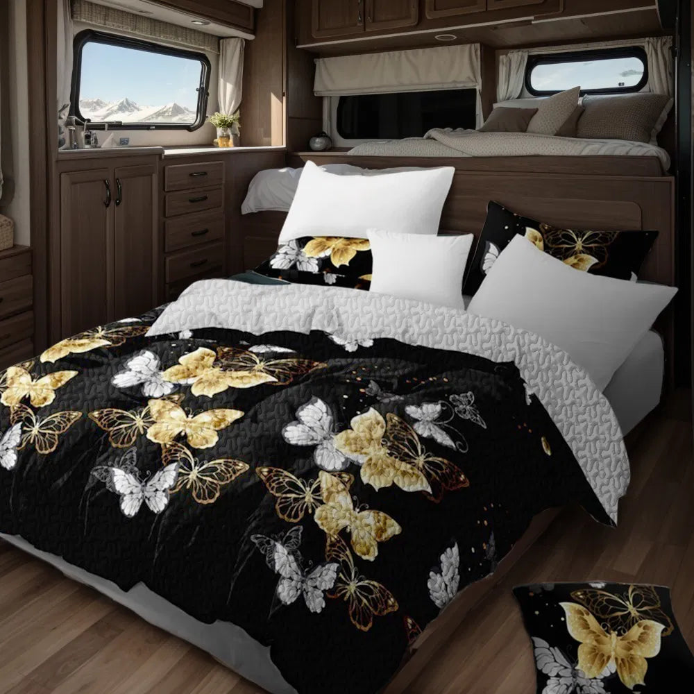 9-Piece Black & Gold Butterfly Bedding & Curtain Set - Quilted