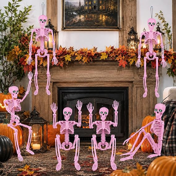 6-Piece 16-Inch Pink Halloween Skeleton Decorations With Movable Joints