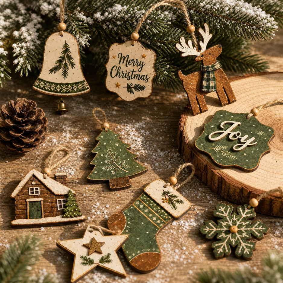 16Pcs Rustic Wooden Christmas Tree Ornaments, Farmhouse Hanging Decor