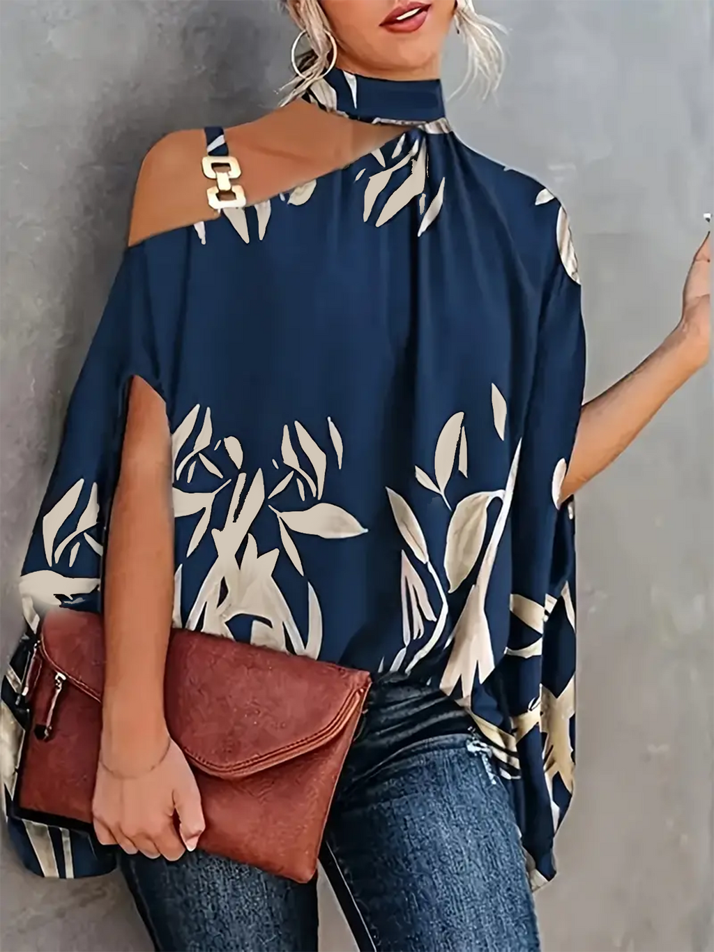 Leaves Print One Shoulder Blouse, Elegant Chain Strap Mock Neck Short