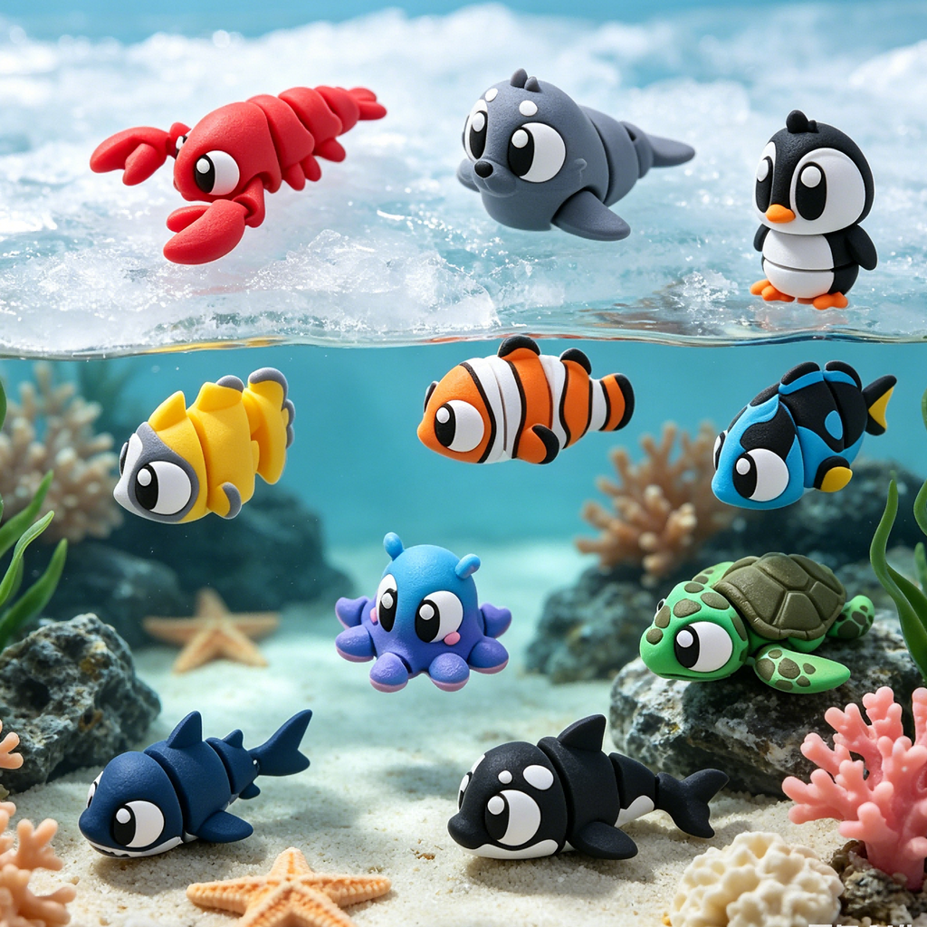 10PCS 3D Printed Ocean Animal Figurine Set, Mini Sea Creature