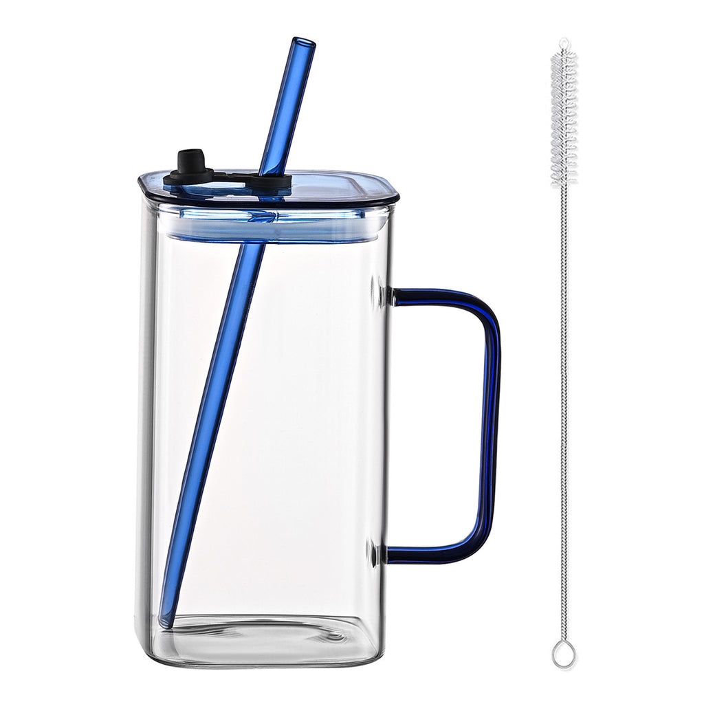1 Pcs Blue Glass Straw Cup, 4 Colors Square Glass Cup With Straw