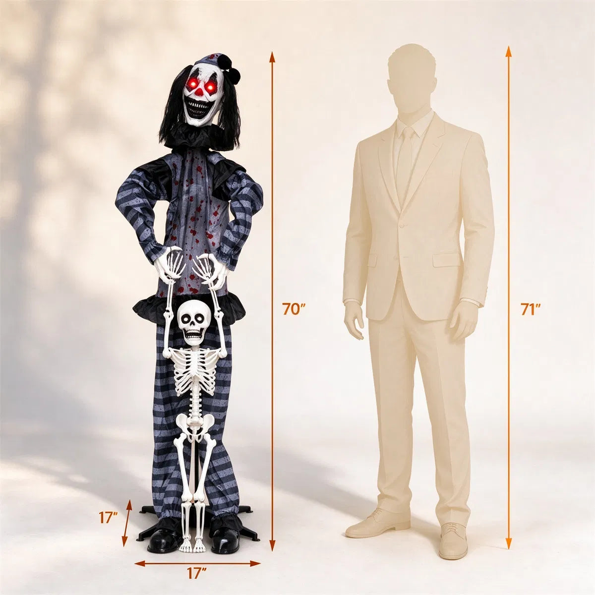 70" Life Size Animated Halloween Clown Prop With Lifted Skeleton