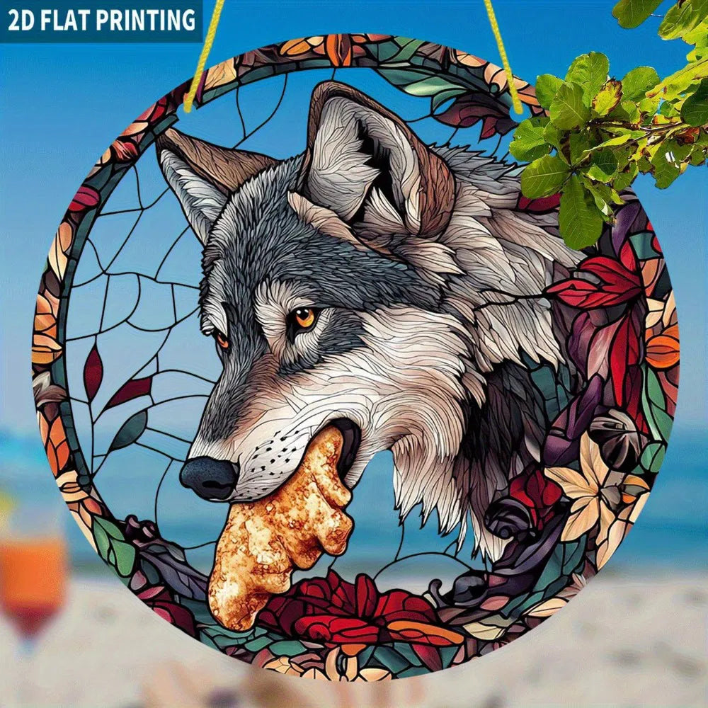 Autumn Floral Bohemian Wolf Acrylic Hanging Wall Art Home Decor