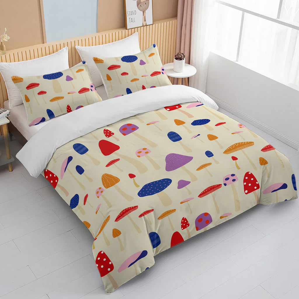 Mushroom Duvet Cover Set Full Size, 3 Pieces Colorful Cartoon Mushroom
