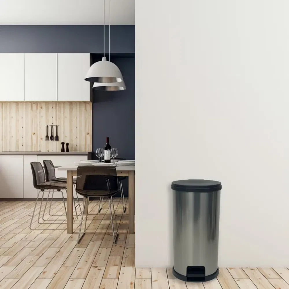 Kitchentrash Can, 7.9 Gallon Plastic Step Garbage Bin With Lid, Silver