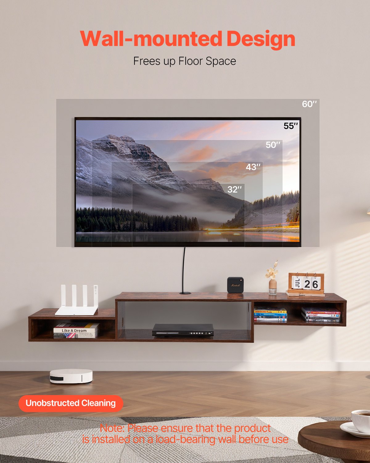 Floating TV Stand, 70" Wall Mount Entertainment Center With Power