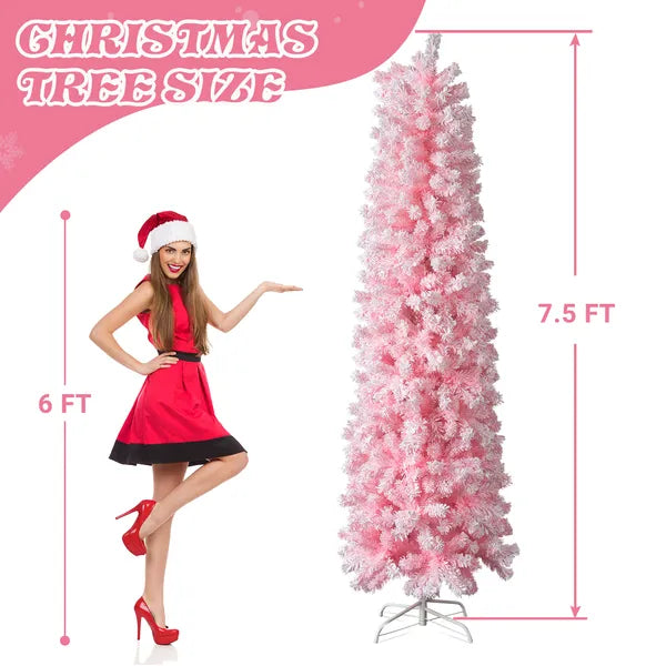 7.5 FT Snow Flocked Hinged Christmas Tree, Artificial Pencil Christmas