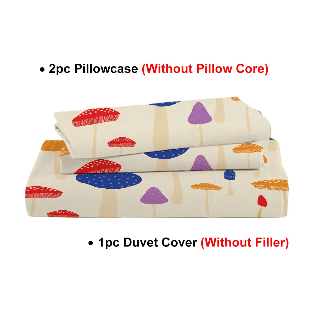 Mushroom Duvet Cover Set Full Size, 3 Pieces Colorful Cartoon Mushroom