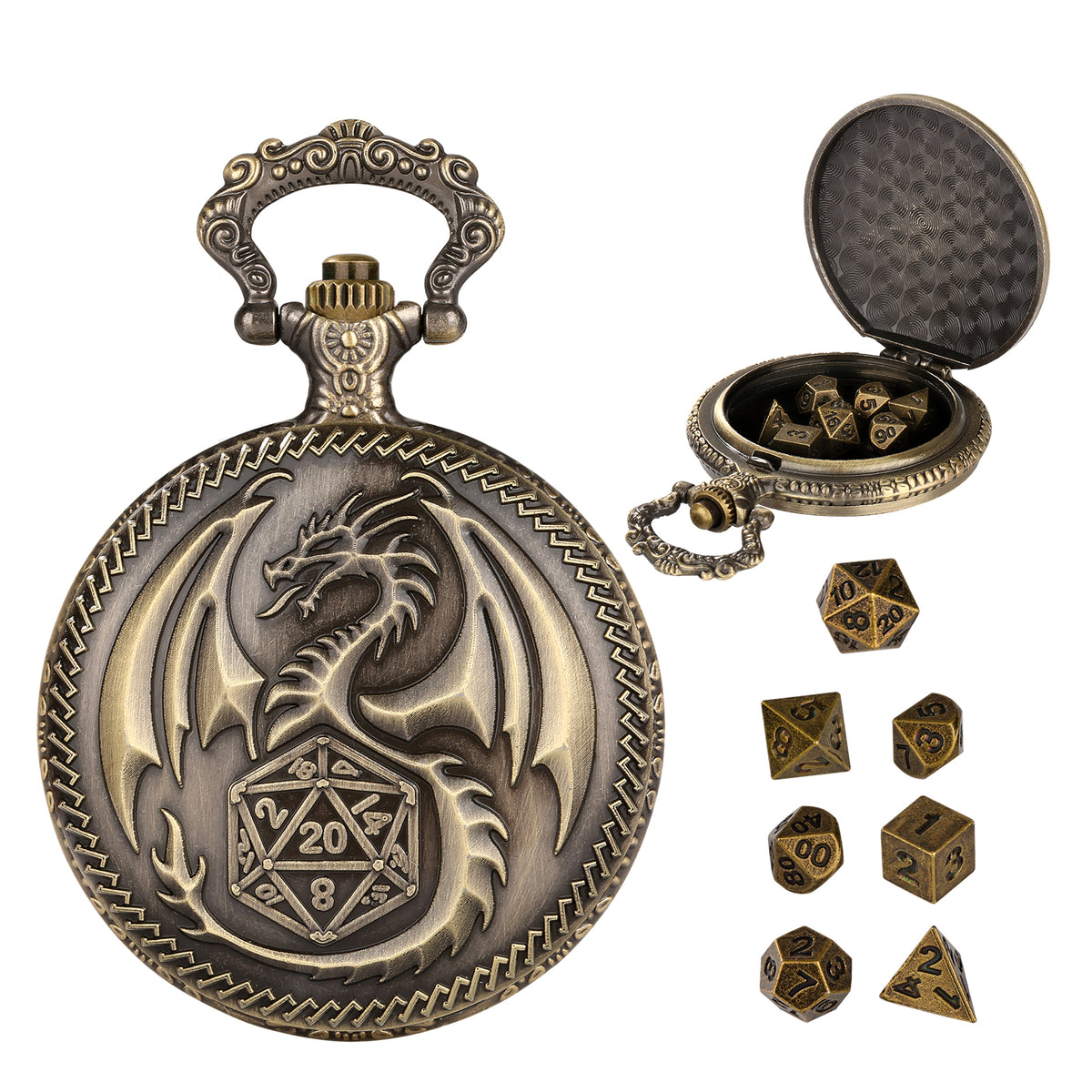 Creative Thick Chain Pocket Watch Set, Equipped With 7 Mini DND Game