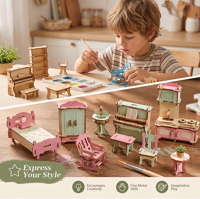 34-Piece Wooden Dollhouse Furniture Set, Scale Miniature Furniture