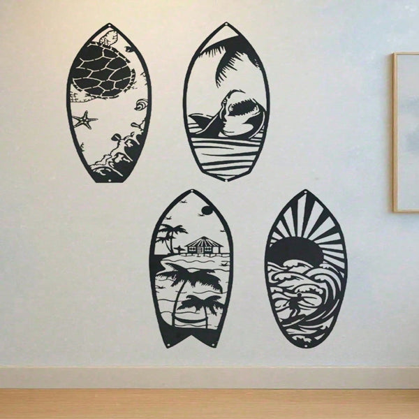 4 Piece Metal Surfboard Wall Art Coastal Beach House Decor Modern