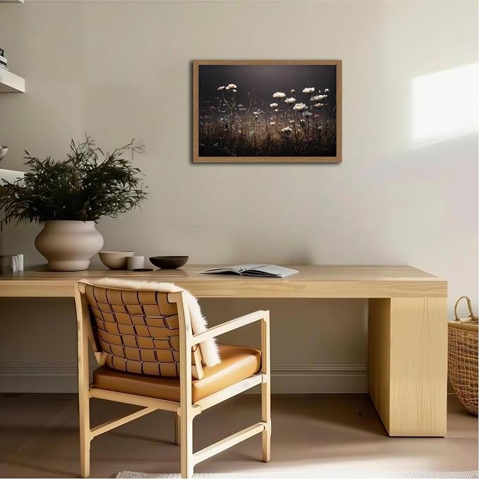 Framed Vintage White Wildflowers Wall Art Moody Fall Floral Landscape