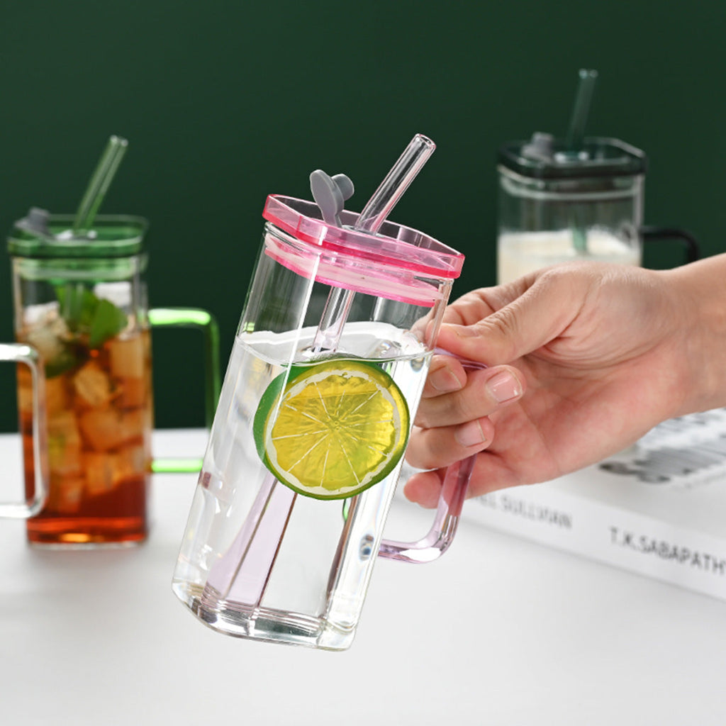 1 Pcs Transparent Glass Straw Cup, 6 Colors Square Glass Cup With Straw