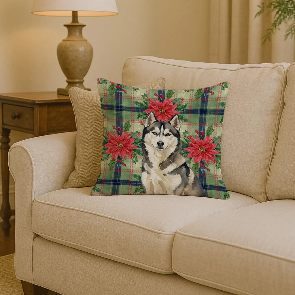 Agouti Siberian Husky Christmas Poinsettias Throw Pillow Decorative