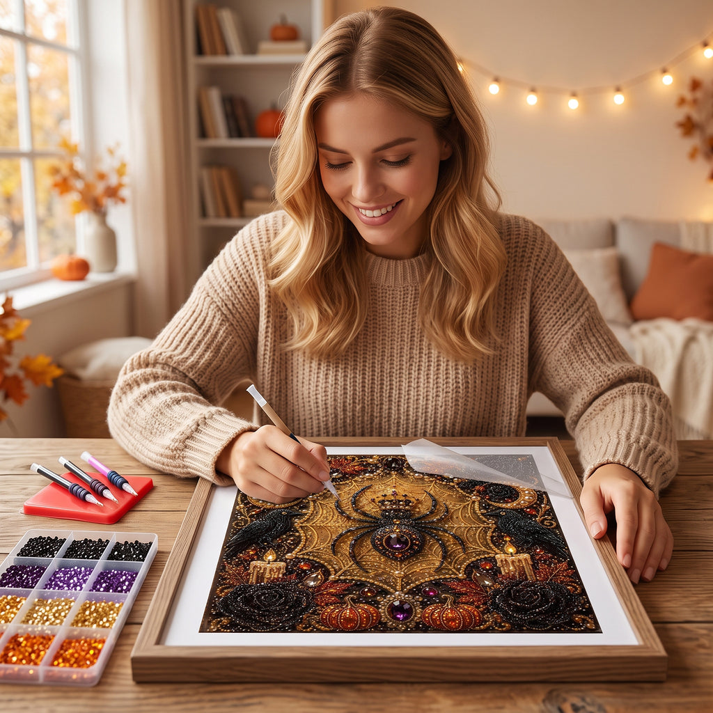 Halloween DIY Pearl Art Kit, 5D Diamond Spider Painting, Vintage Gothic