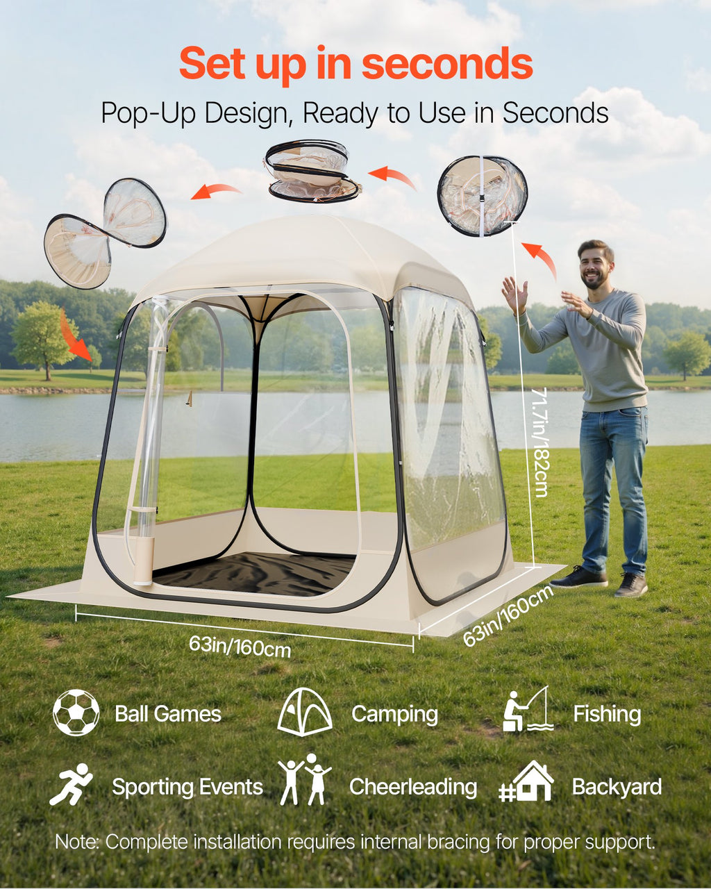 Pop Up Sports Tent, 63x63 In Clear Bubble Tent For 2-4 Persons