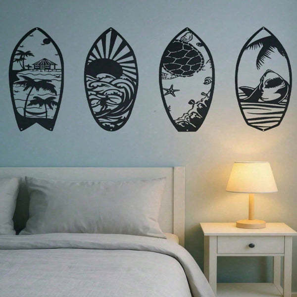 4 Piece Metal Surfboard Wall Art Coastal Beach House Decor Modern