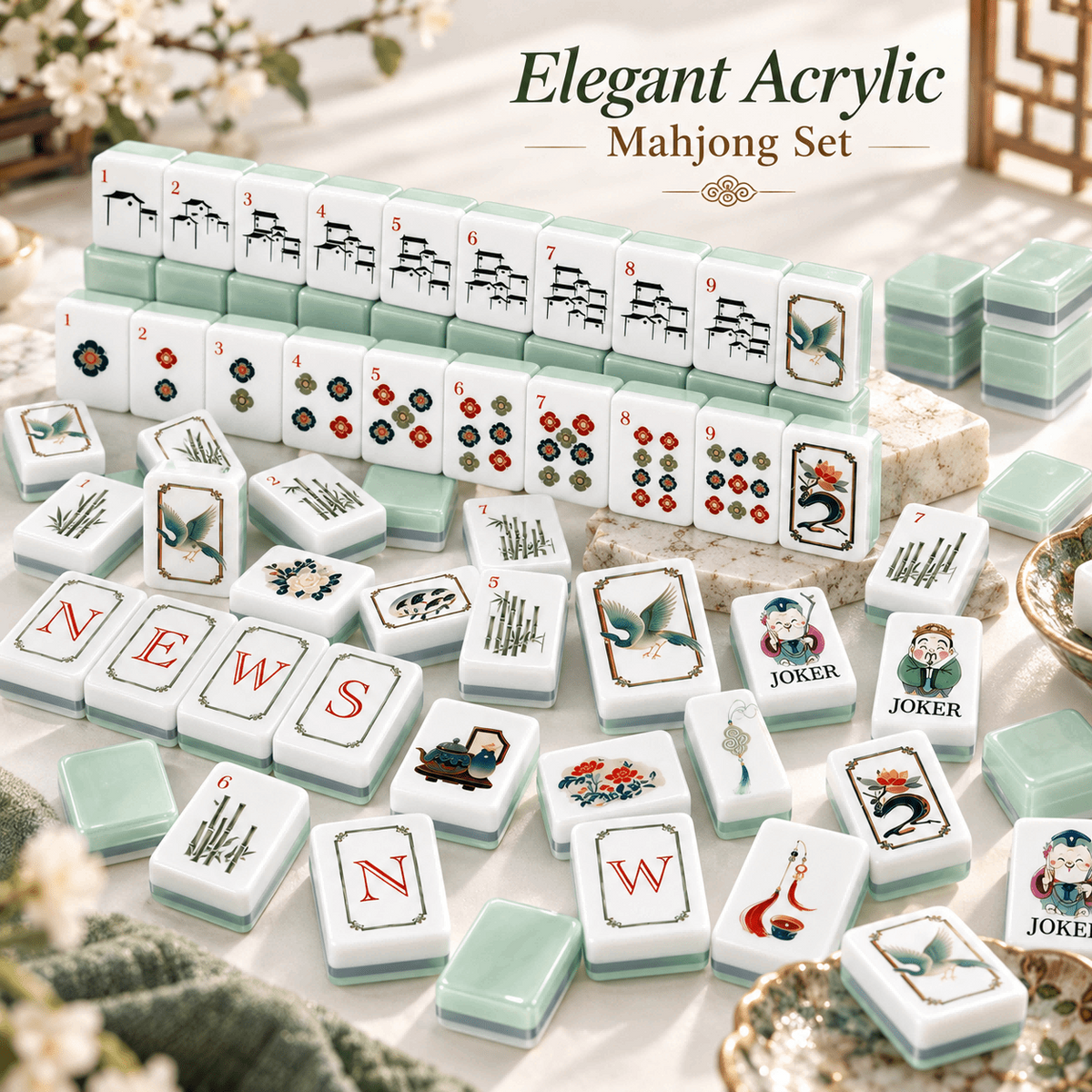 Elegant Acrylic Mahjong Set, Chinese Inspired American Mahjong Tiles