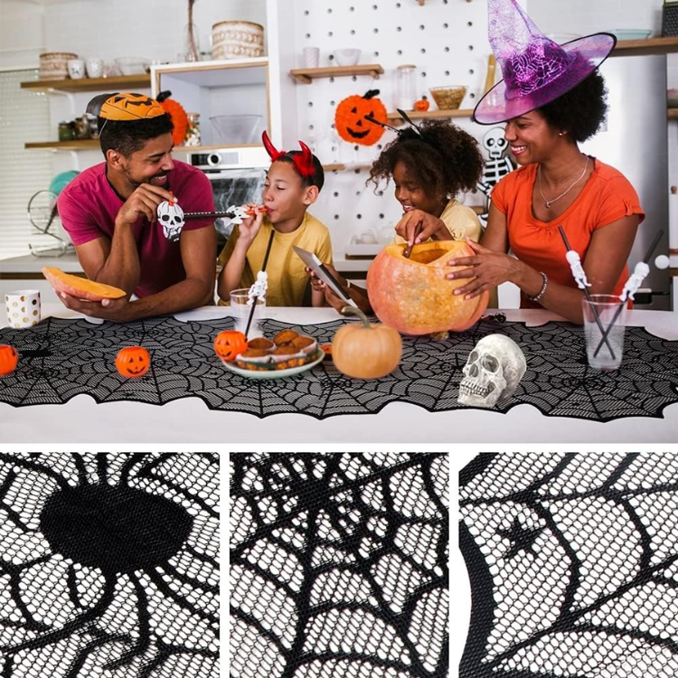 Halloween Black Lace Spider Web Table Runner, 18 X 72 Inch Spooky Table
