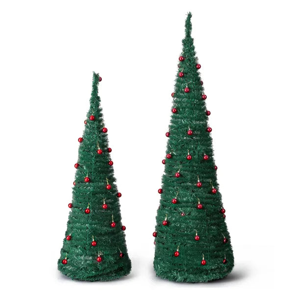 2 Pack, 6FT 5FT Artificial Up Christmas Tree With Red Ball Ornaments