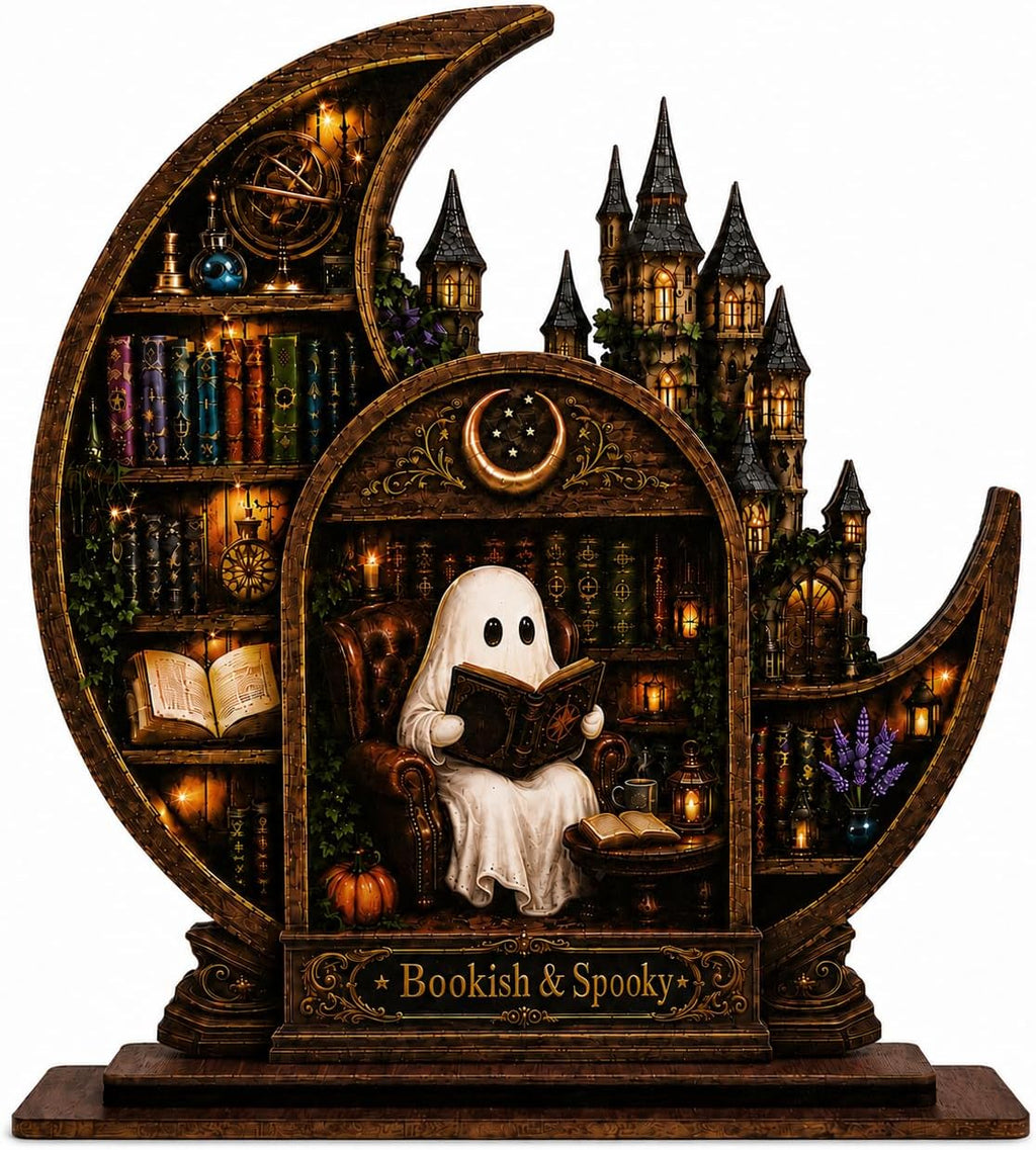 Bookish Spooky Halloween Decor, Castle Bookshelf Scene With Reading
