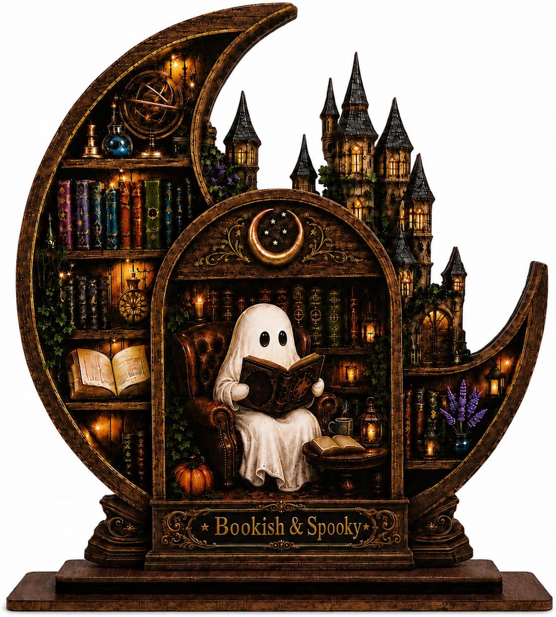 Bookish Spooky Halloween Decor, Castle Bookshelf Scene With Reading