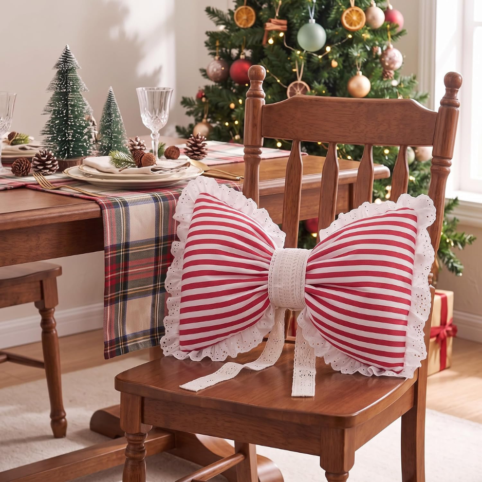 Christmas Bow Throw Pillow Cover, Red & White Striped Decorative