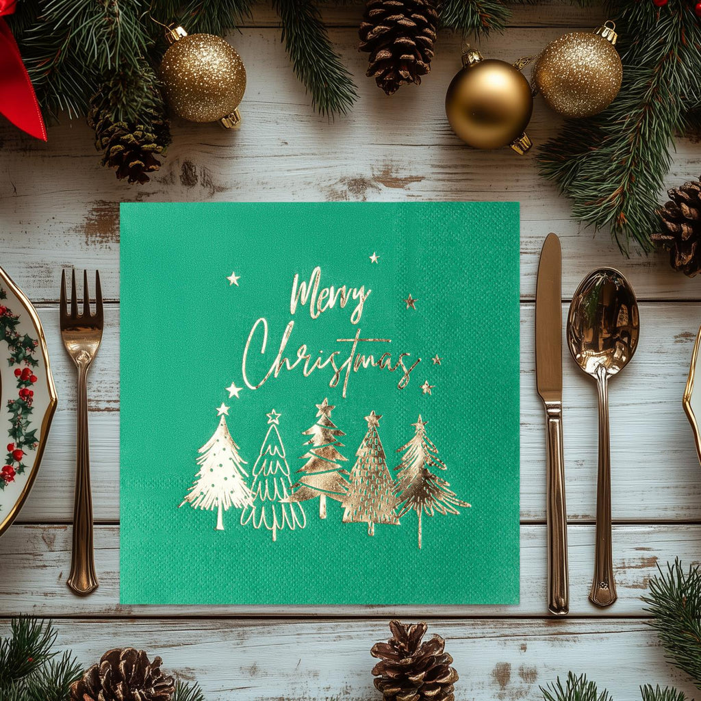 80Pcs Merry Christmas Paper Napkins, Gold Five Xmas Trees Disposable