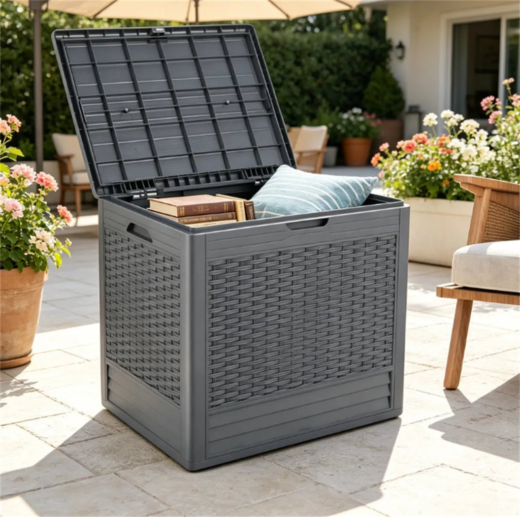 25 Gallon Outdoor Deck Box, Weatherproof PP Storage Chest With Rattan
