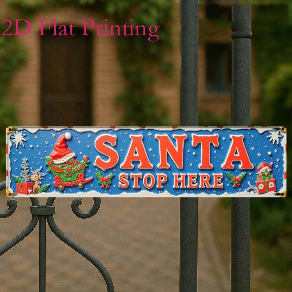 Vintage Santa Stop Here Christmas Sign 4x16, Sign 4x16, Rustic Aluminum