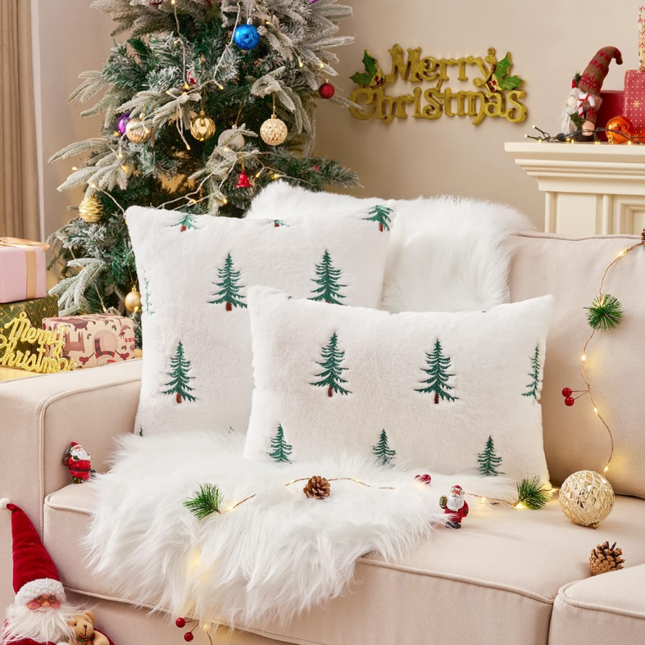 Fluffy Christmas Green Tree Throw Pillow Covers 18x18 Set Of 2