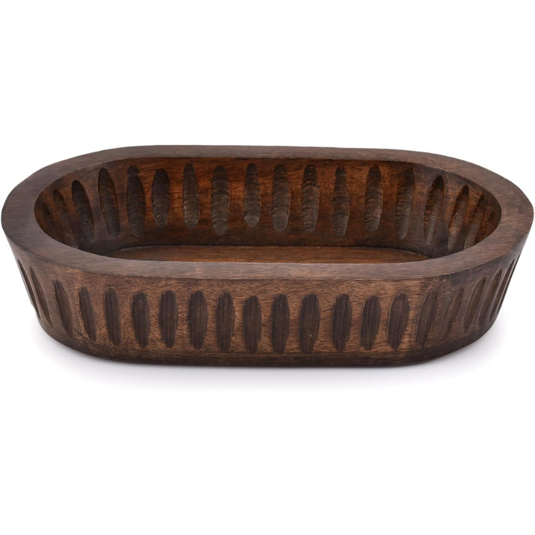 Mango Wood Decorative Bowl, Long Wooden Table Centerpiece Dish, Rustic