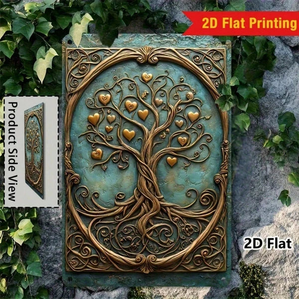Vintage Tree Of Life Metal Wall Art, Turquoise Blue Golden Heart 2D