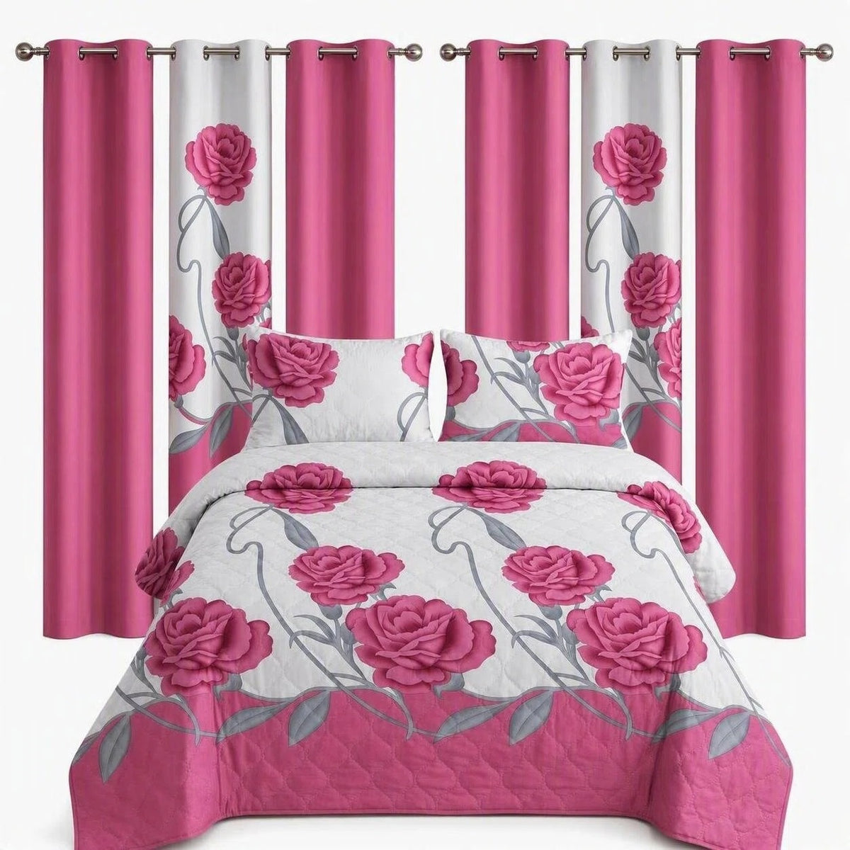 9-Piece Pink And White Rose Bedspread And Curtain Set For Queen And King