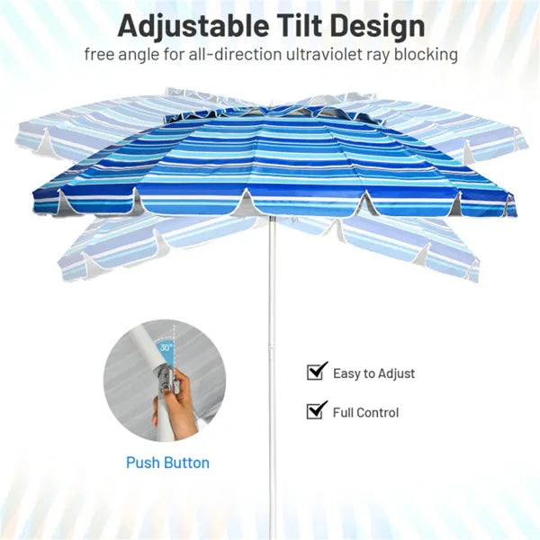 8 Ft Beach Umbrella With UV Protection – 16-Ribbed Windproof Frame
