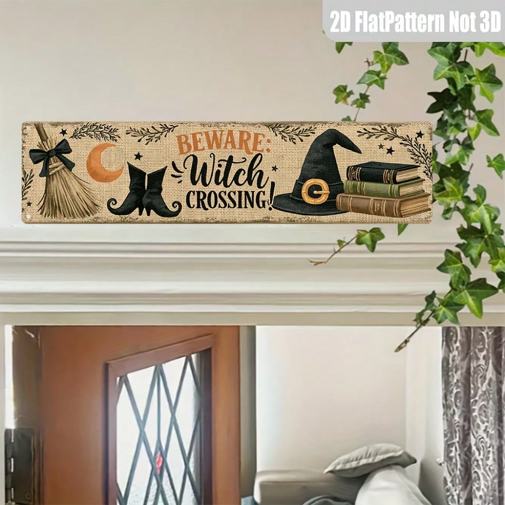 Beware Witch Crossing Metal Sign 2D Flat, Rustic Halloween Entryway