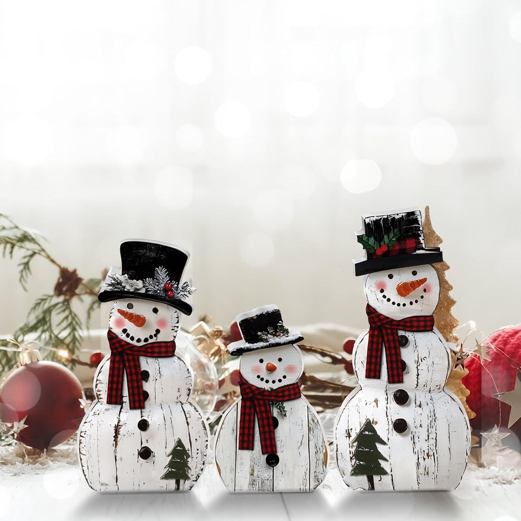 3 Pack Snowman Christmas Decorations, Rustic Wooden Holiday Figurines