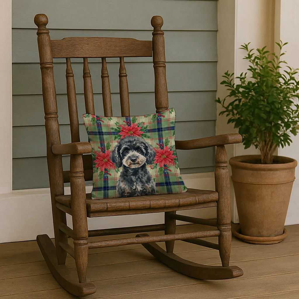 Miniature Black Poodle Christmas Poinsettias Throw Pillow Decorative