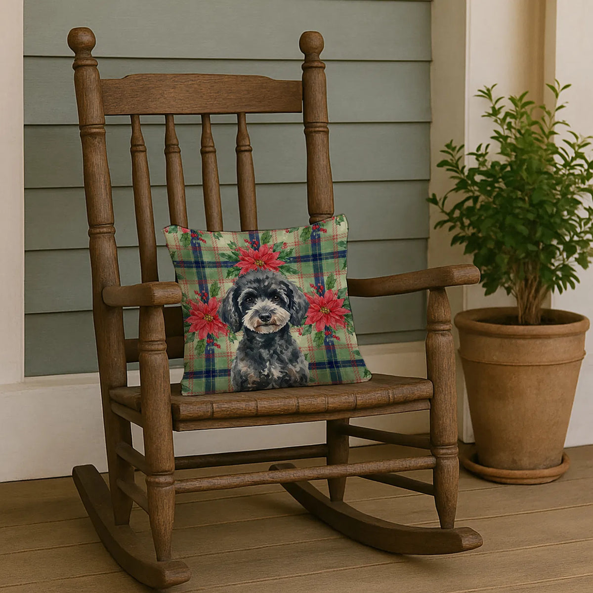 Miniature Black Poodle Christmas Poinsettias Throw Pillow Decorative