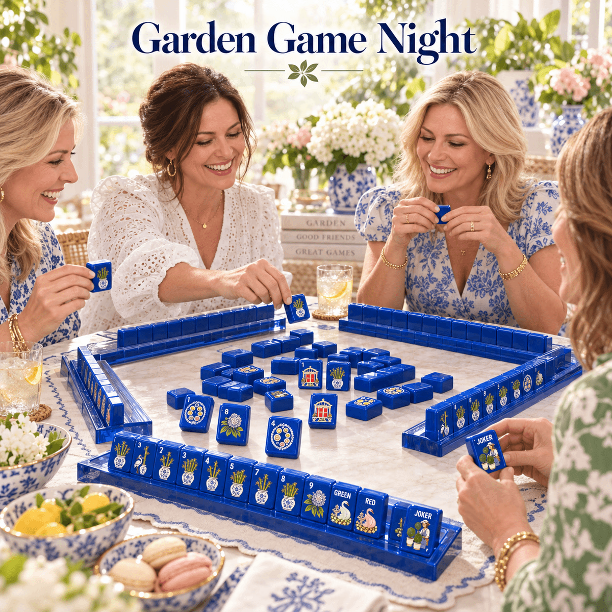 Cobalt Garden Acrylic Mahjong Set, 160 Tiles American Mahjong Game Set