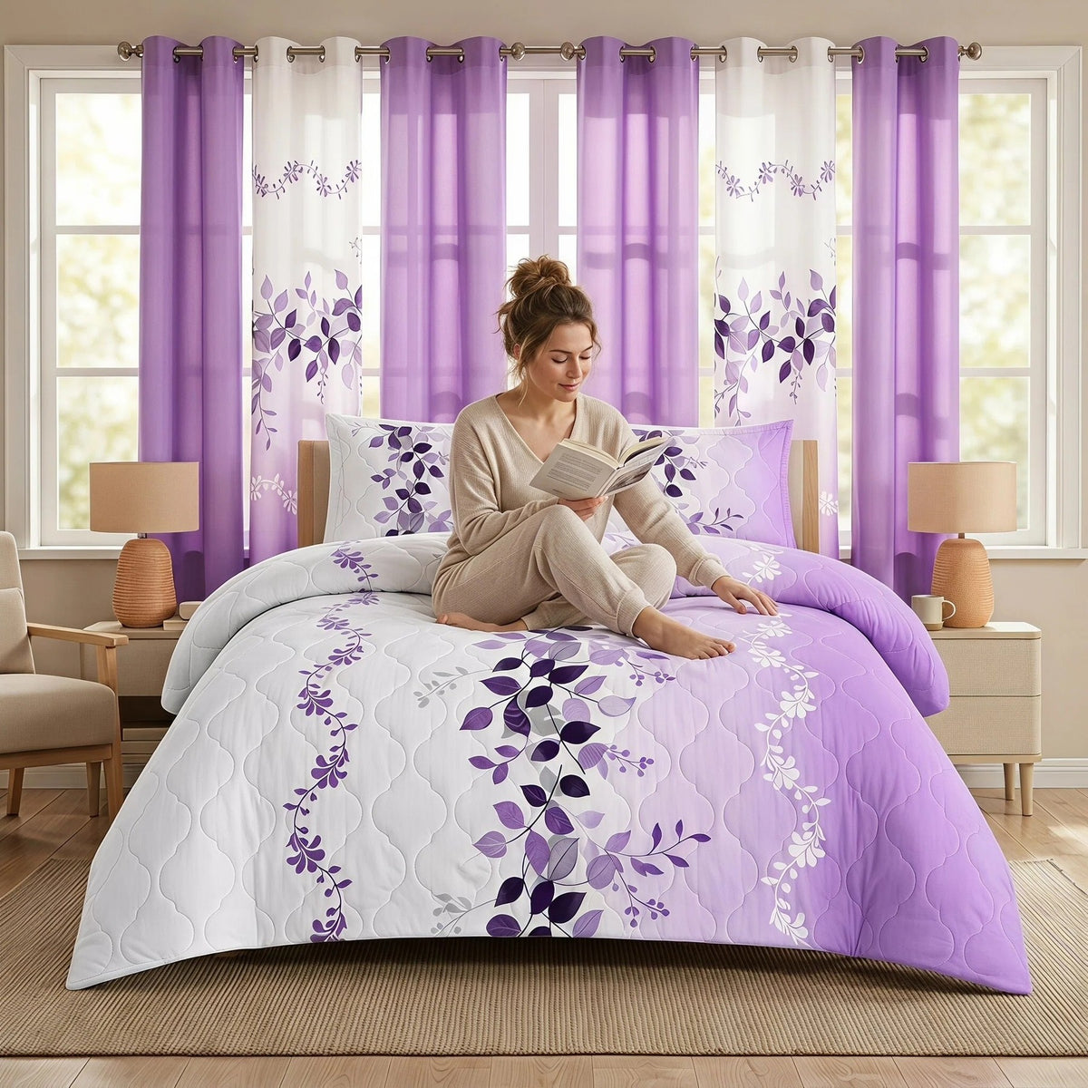 9-Piece Purple Floral Quilt And Curtain Set, Reversible Microfiber