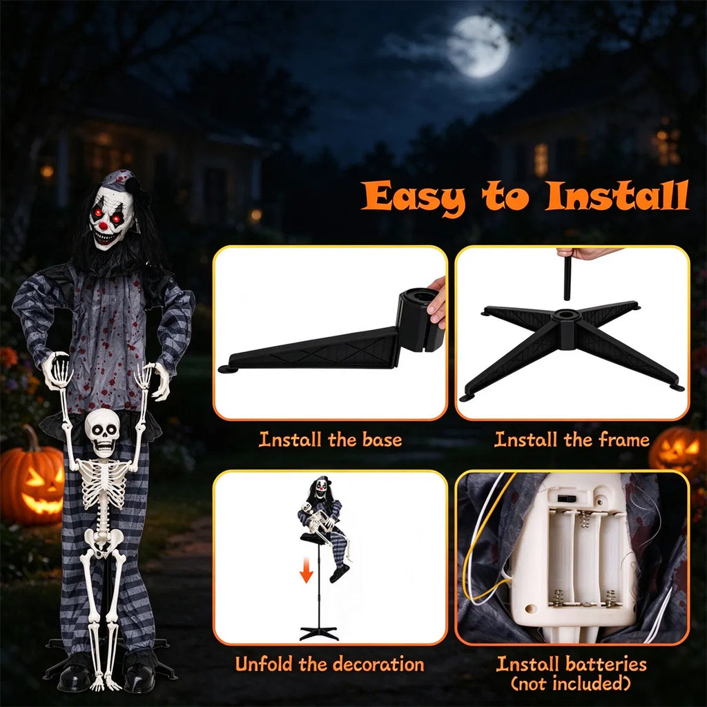 70" Life Size Animated Halloween Clown Prop With Lifted Skeleton