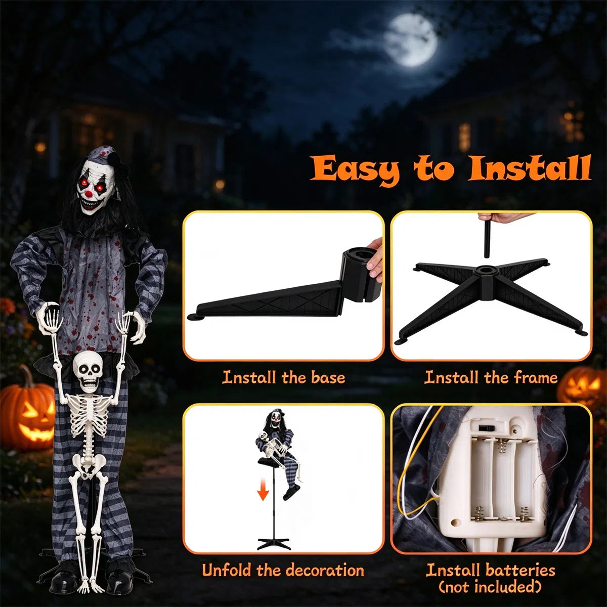 70" Life Size Animated Halloween Clown Prop With Lifted Skeleton