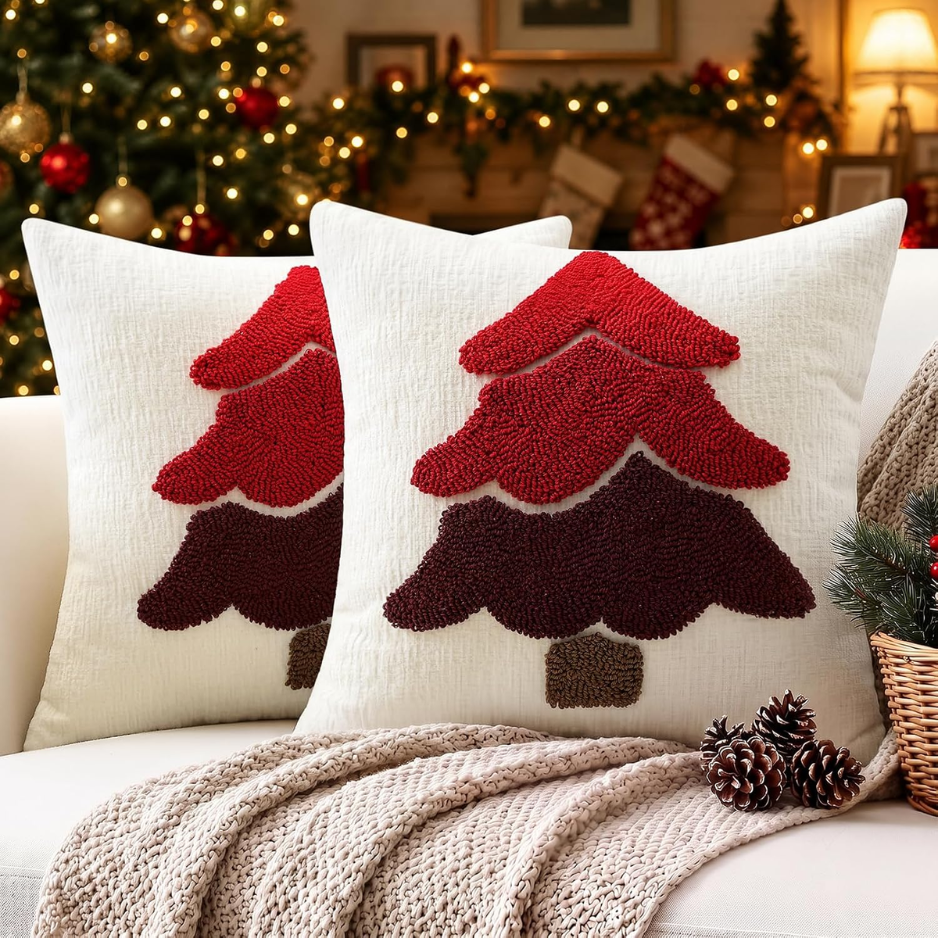 2Pcs Chenille Christmas Tree Pillow Covers 18x18, Red Holiday Decor
