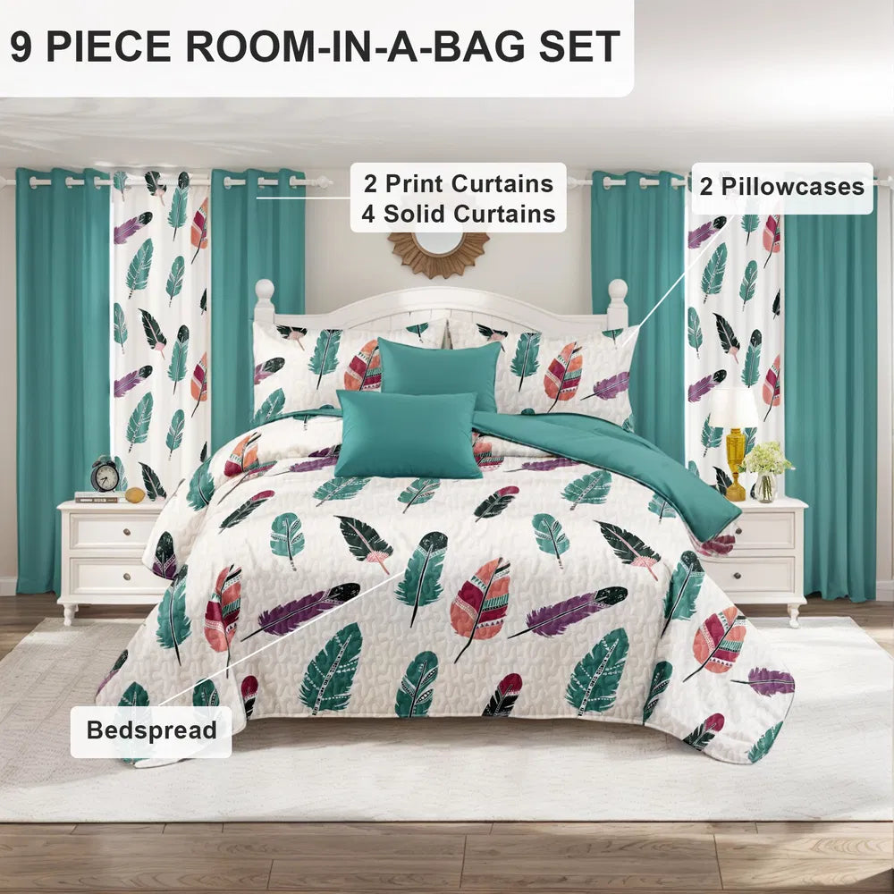 9-Piece Boho Feather Bedding & Curtain Set - Quilted Microfiber