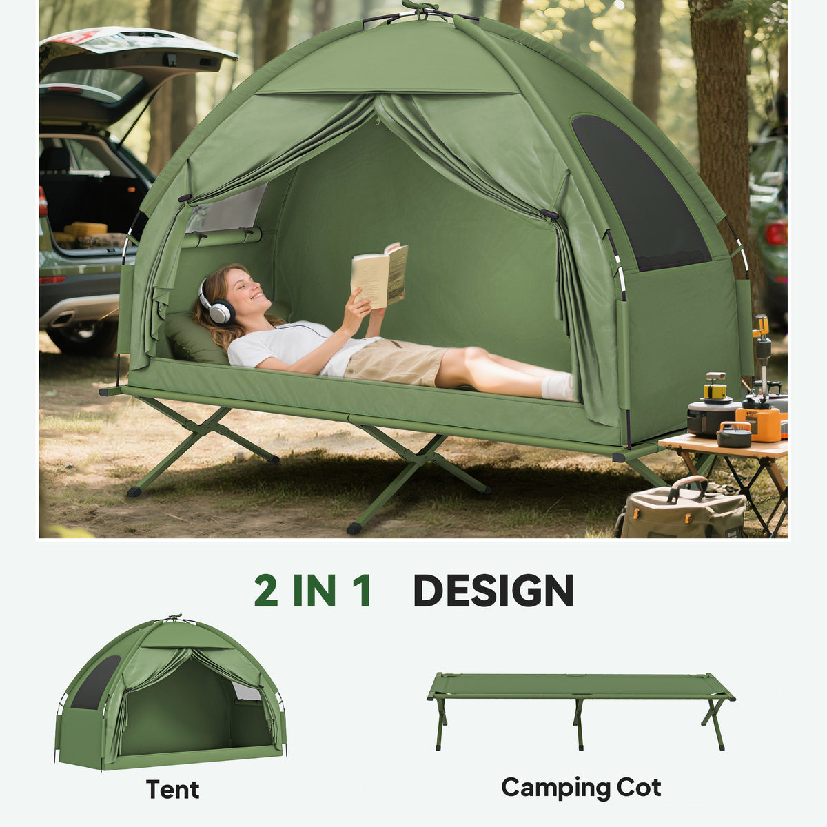 Camping Tent Cot, Single Person Folding Cot Combo, Off-ground Tent